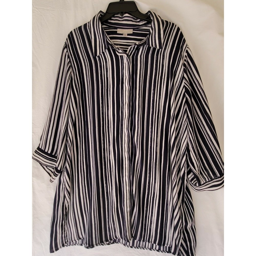 VIP by Avenue Women's Blue White Striped Long Sleeve Button Down Shirt Sz 22/24